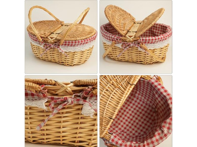 Großer leerer Picknickkorb Korbgeflecht Gurt Leder Sechs Personen Guter Gewinn Weidenoval